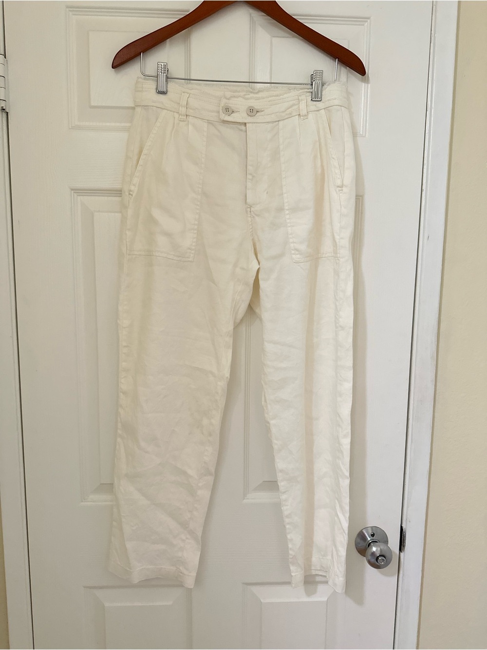 Sundance White Frayed Waist Linen Blend Straight Leg Utility Pant NWOT Sz 4 $138